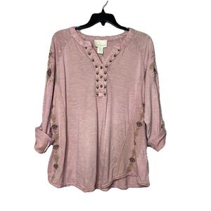 Cynthia Rowley Mauve Embroidered‎ Floral Blouse Women Sz 1X V Neck Peasant Top